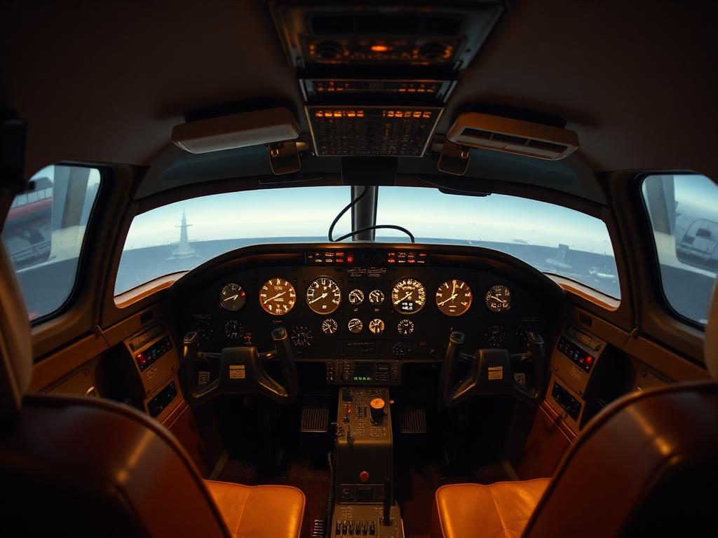 Interior of the vintage AeroBall SimCab flight simulator with glowing analog instruments